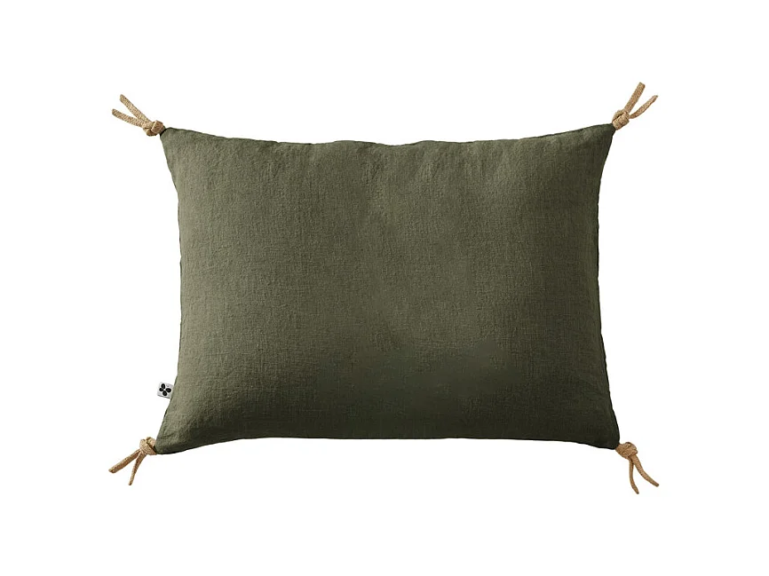 Coussin 40 x 60 cm en lin lavé vert avec 4 nouettes en jute - LUISA