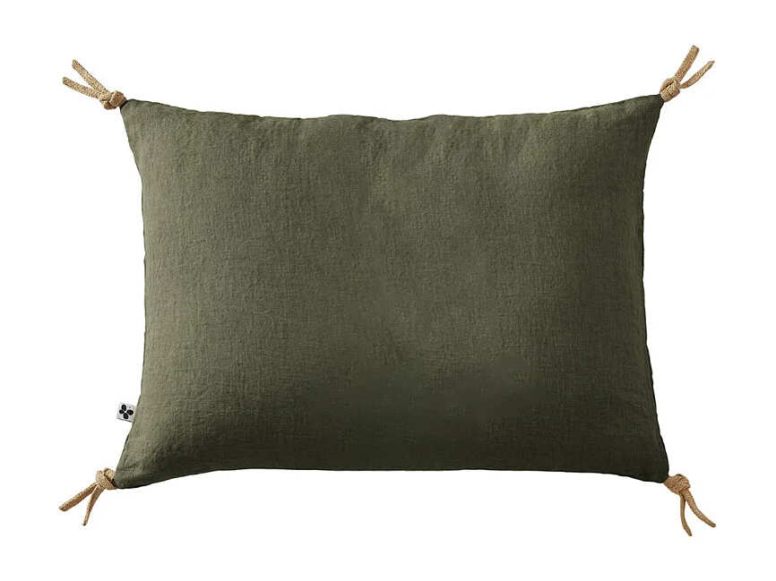 Coussin 40 x 60 cm en lin lavé vert avec 4 nouettes en jute - LUISA