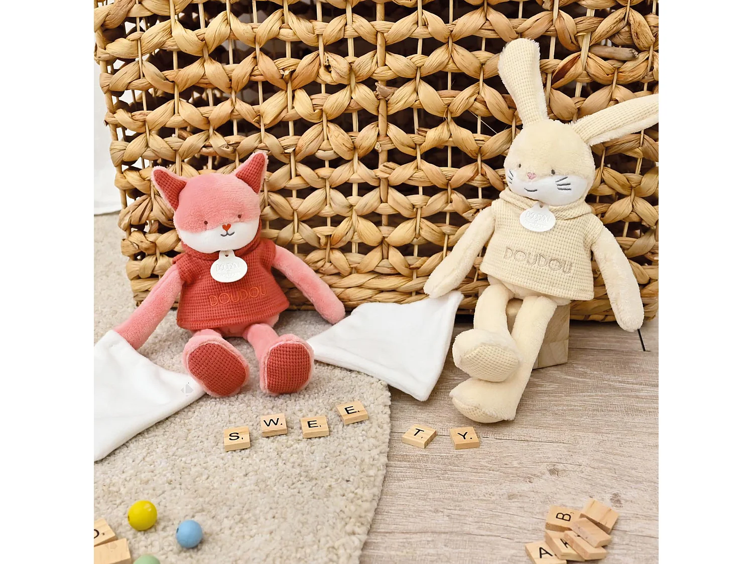 Doudou lapin polyester 25 cm collection SWEETY DOUDOU beige/blanc