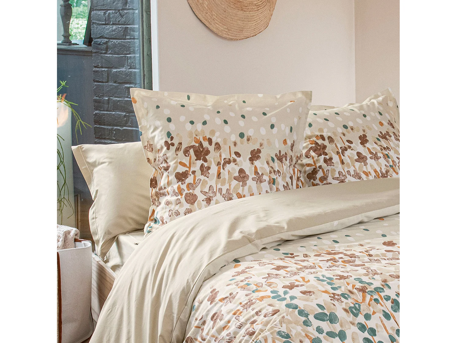 Taie d'oreiller uni 65x65 cm en coton ÉVASION pêche écru