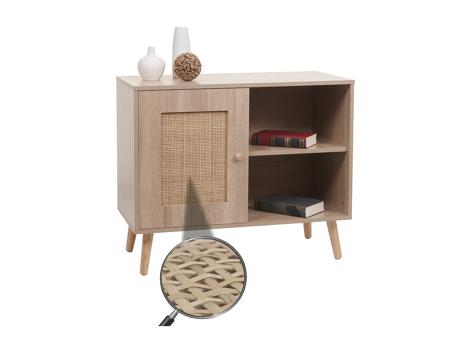 Credenza armadietto MCW-M39, credenza alta, vano portaoggetti, melamina Kubu rattan, 67x80x38cm effetto rovere