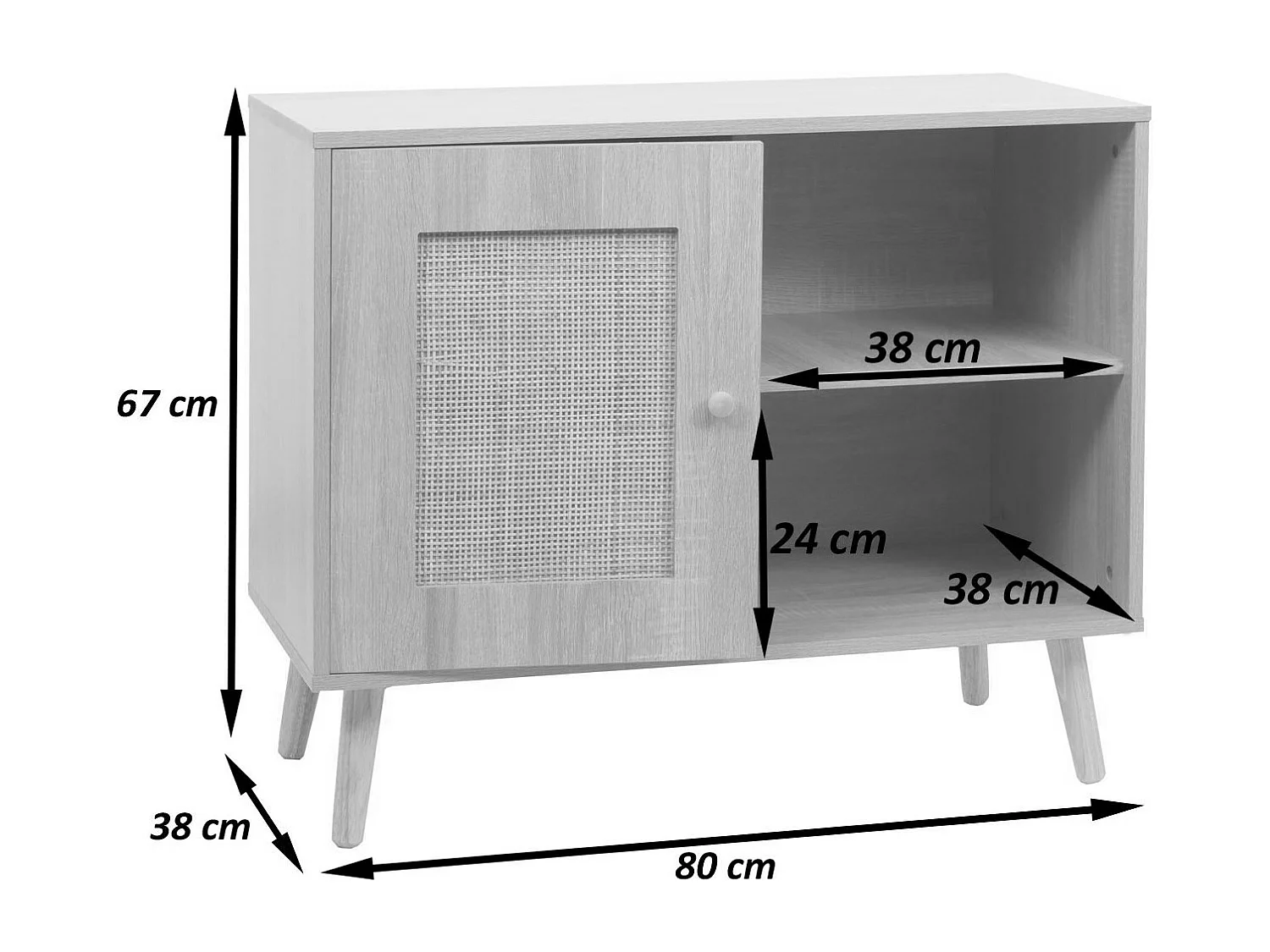 Credenza armadietto MCW-M39, credenza alta, vano portaoggetti, melamina Kubu rattan, 67x80x38cm effetto rovere