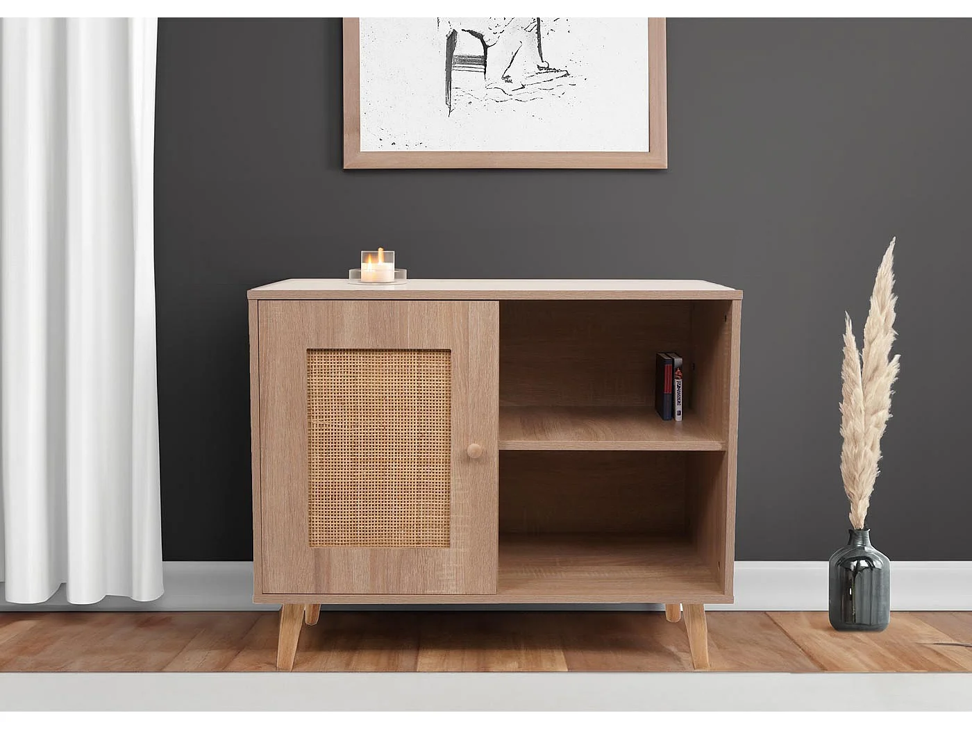 Credenza armadietto MCW-M39, credenza alta, vano portaoggetti, melamina Kubu rattan, 67x80x38cm effetto rovere