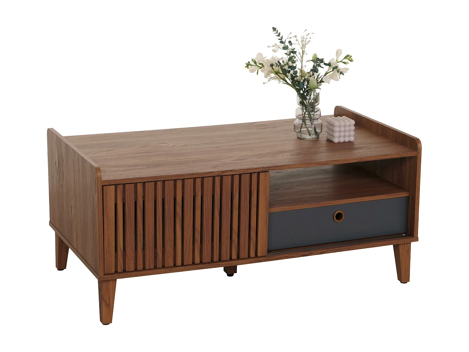 Tavolino MCW-M48, tavolo da salotto divano, legno massiccio di mango 52x114x59cm ~ color noce, cassetto grigio scuro