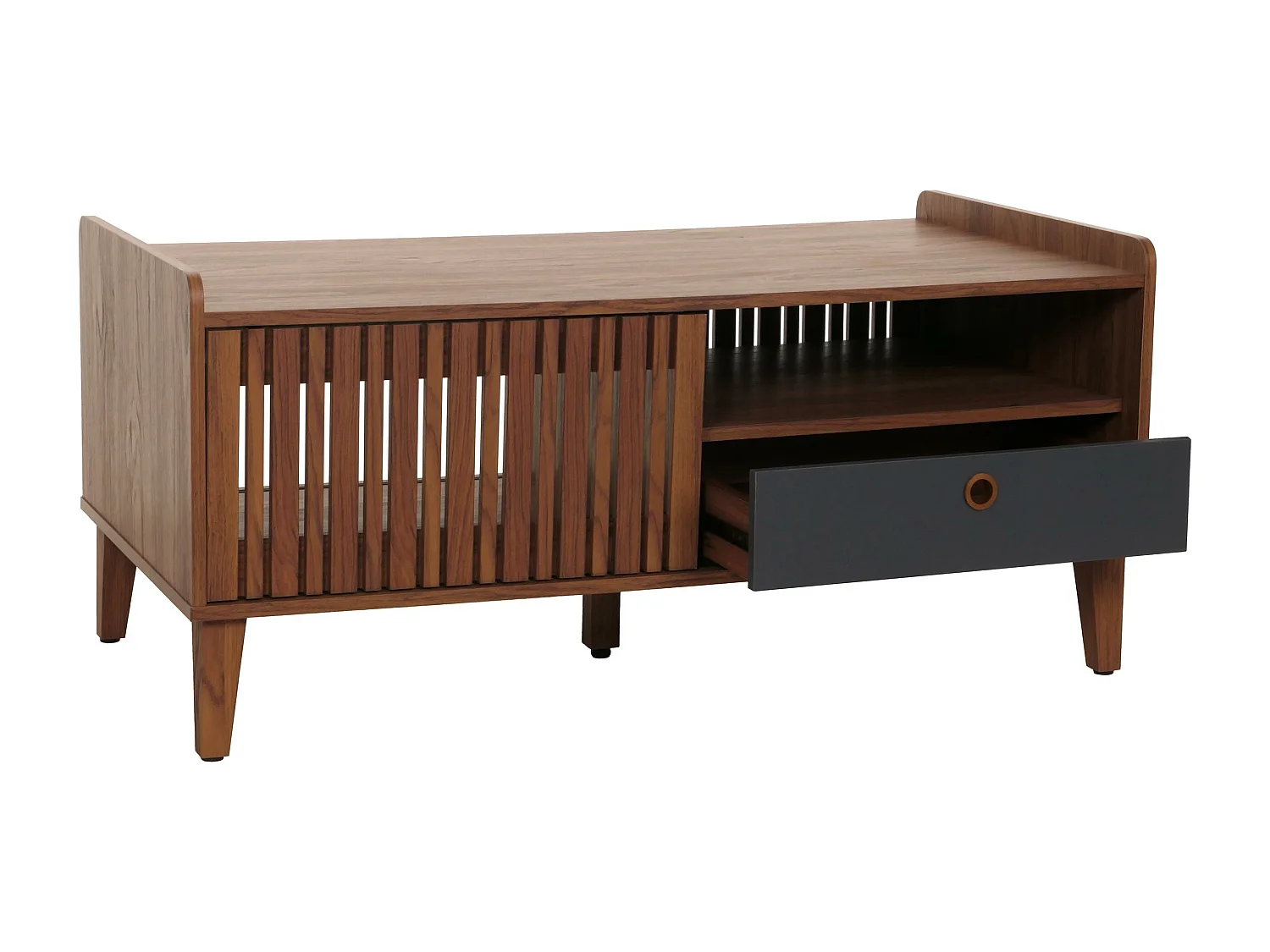 Tavolino MCW-M48, tavolo da salotto divano, legno massiccio di mango 52x114x59cm ~ color noce, cassetto grigio scuro