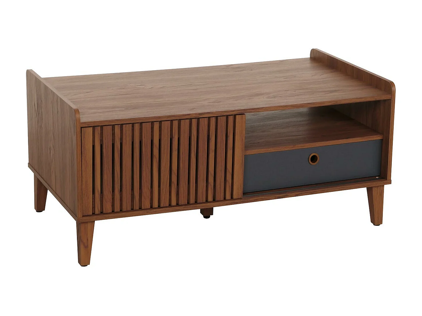 Table basse MCW-M48,  aspect noyer, tiroir gris foncé