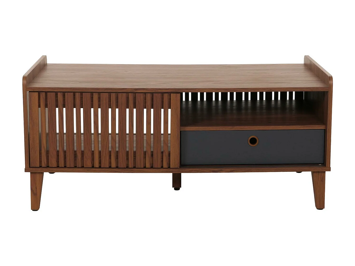 Table basse MCW-M48,  aspect noyer, tiroir gris foncé