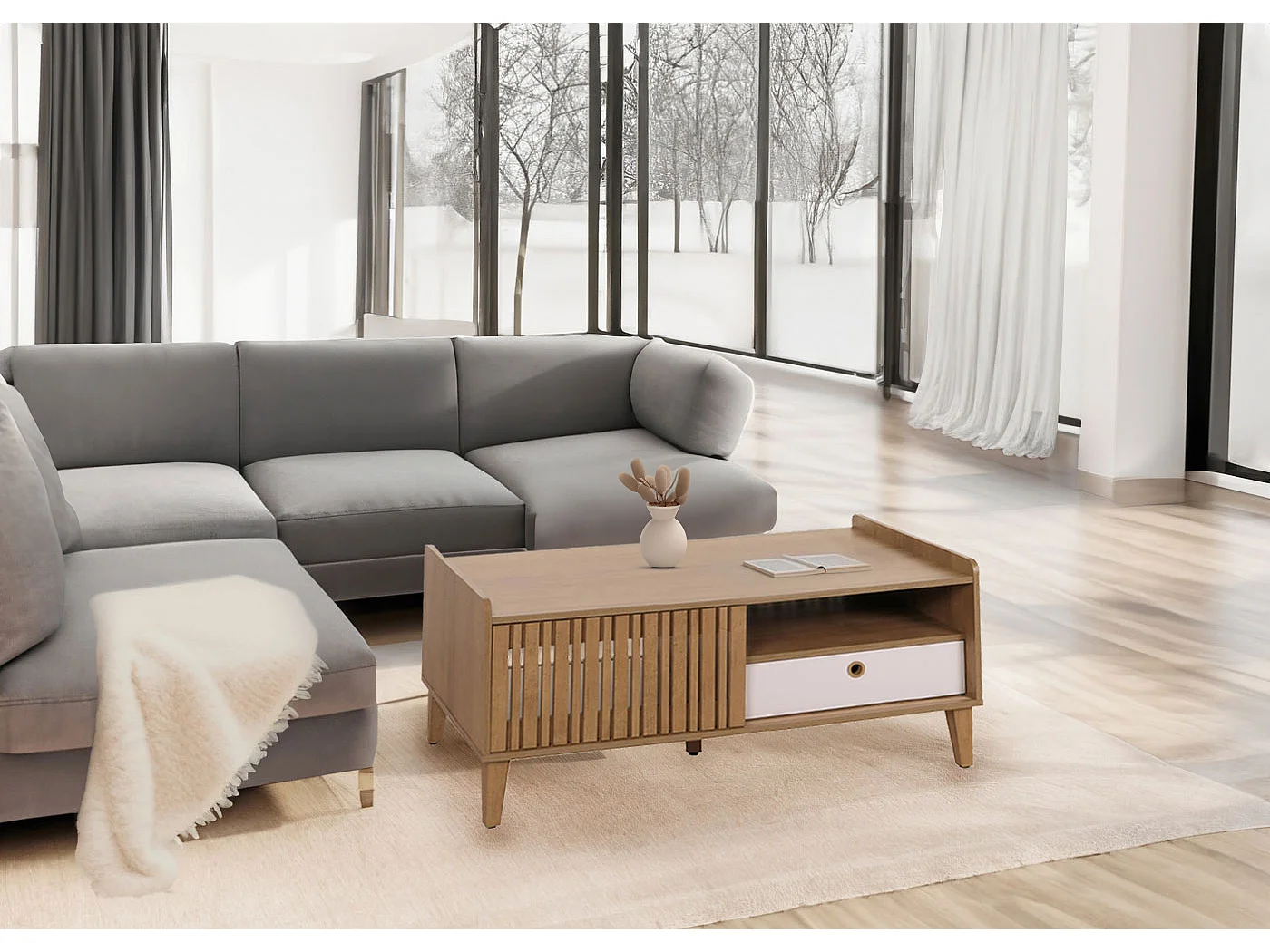 Table basse MCW-M48,  aspect noyer, tiroir gris foncé