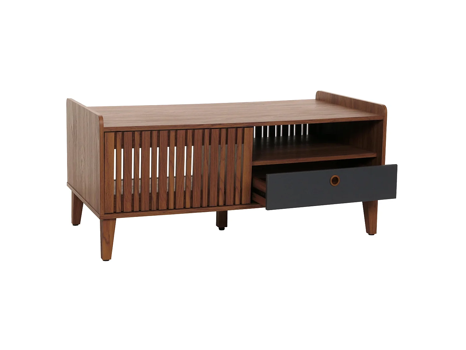 Couchtisch MCW-M48, Walnuss-Optik, Schublade dunkelgrau