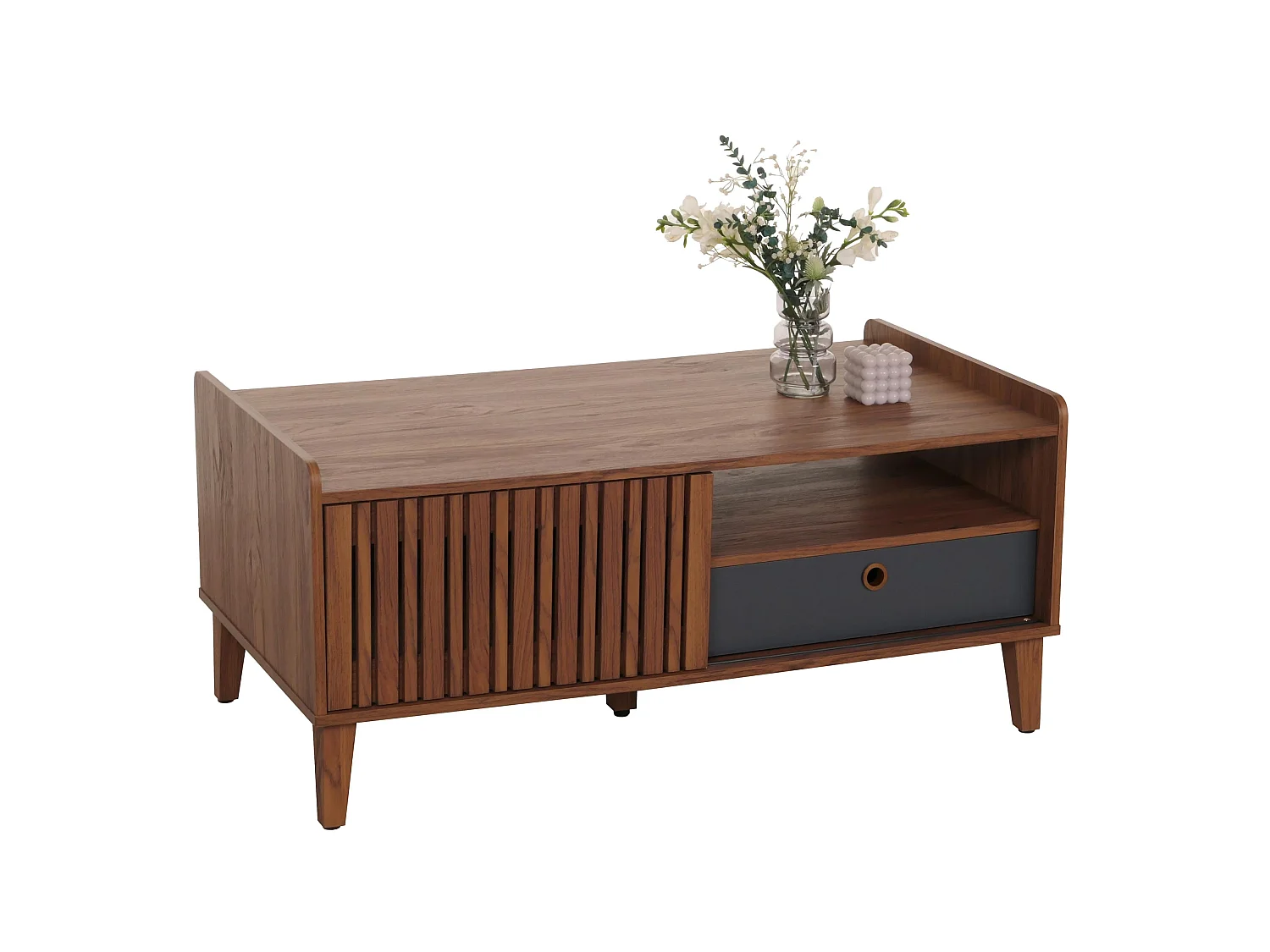 Couchtisch MCW-M48, Walnuss-Optik, Schublade dunkelgrau