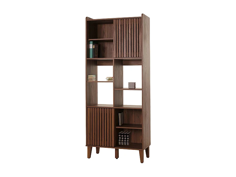 Libreria MCW-M48, a colonna, anta scorrevole 8 vani portaoggetti in legno massello di mango MDF 178x75x35cm ~ color noce