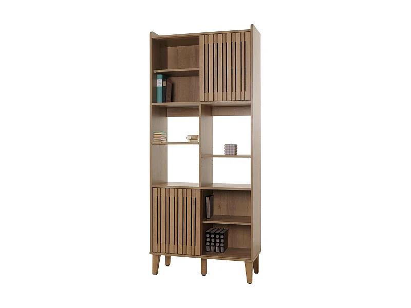Libreria MCW-M48, a colonna, anta scorrevole 8 vani portaoggetti in legno massello di mango MDF 178x75x35cm ~ naturale