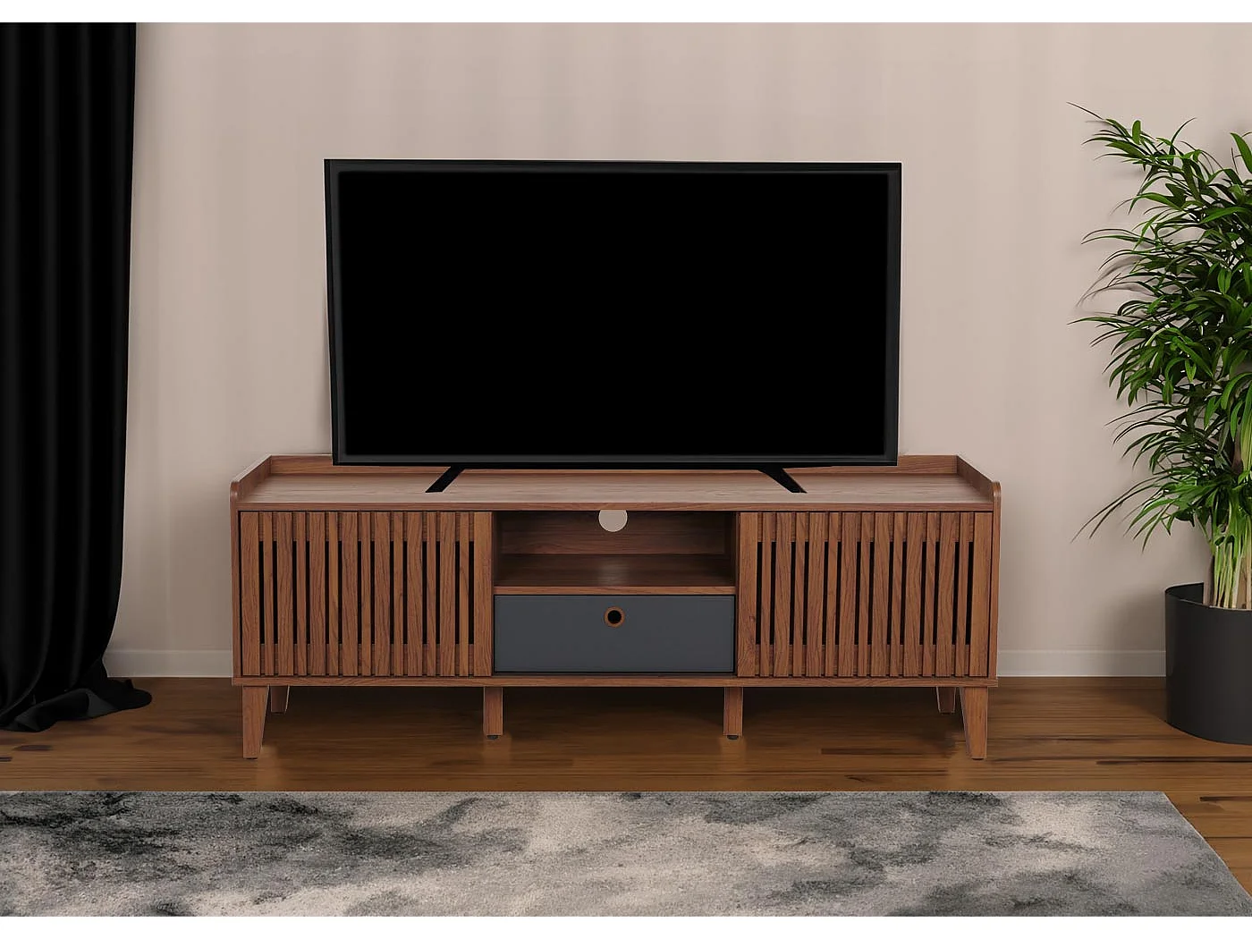 TV Stand MCW-M48,  walnut finish, dark grey drawer