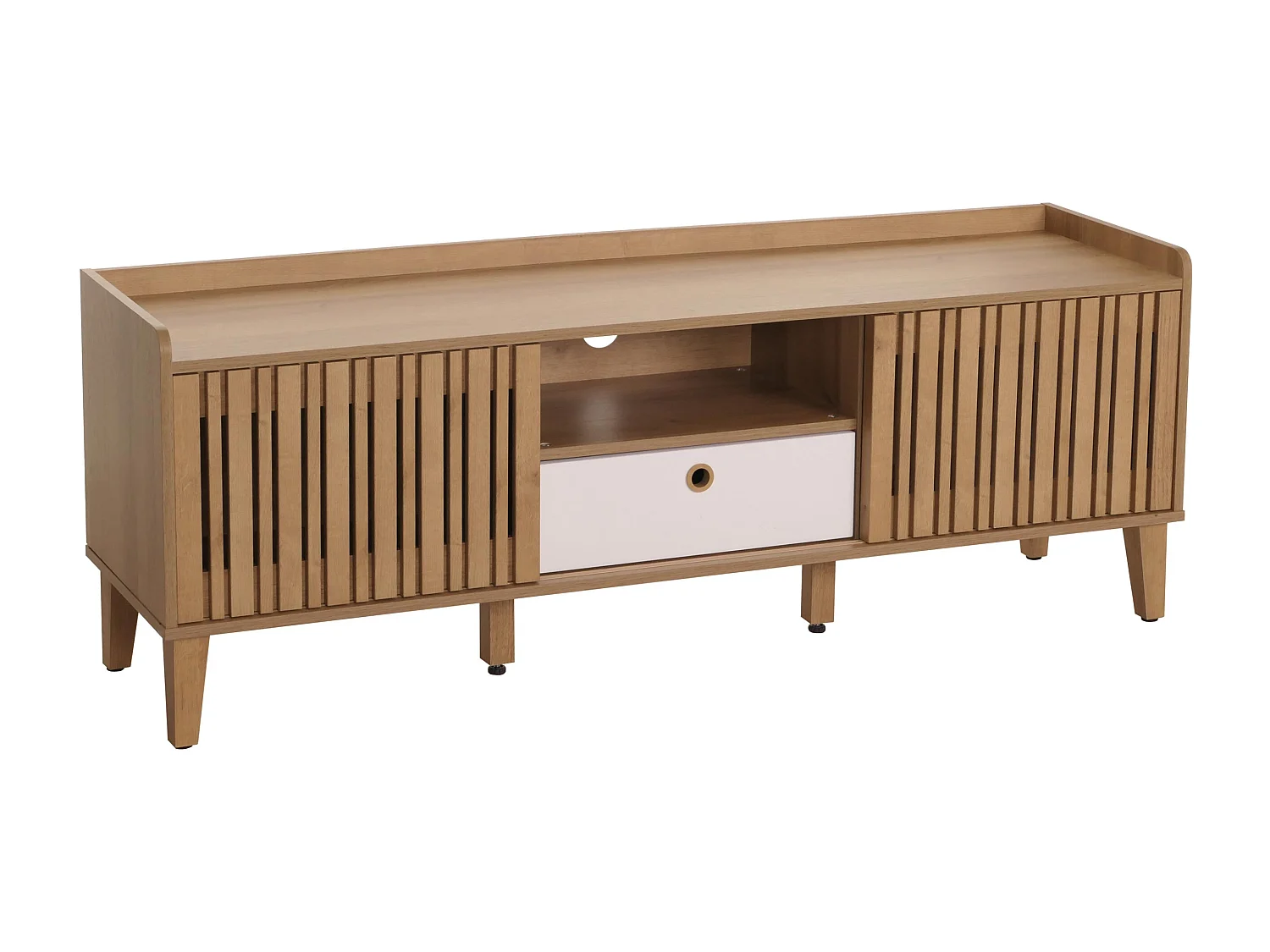 Porta TV MCW-M48, mobile basso, anta scorrevole legno massiccio mango 56x150x40cm ~ naturale, cassetto bianco