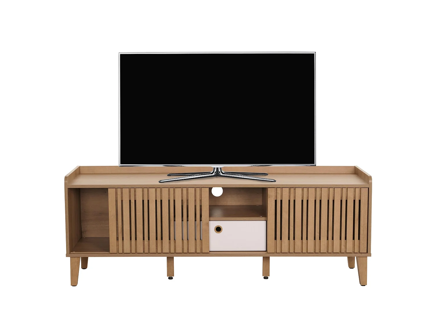 Porta TV MCW-M48, mobile basso, anta scorrevole legno massiccio mango 56x150x40cm ~ naturale, cassetto bianco