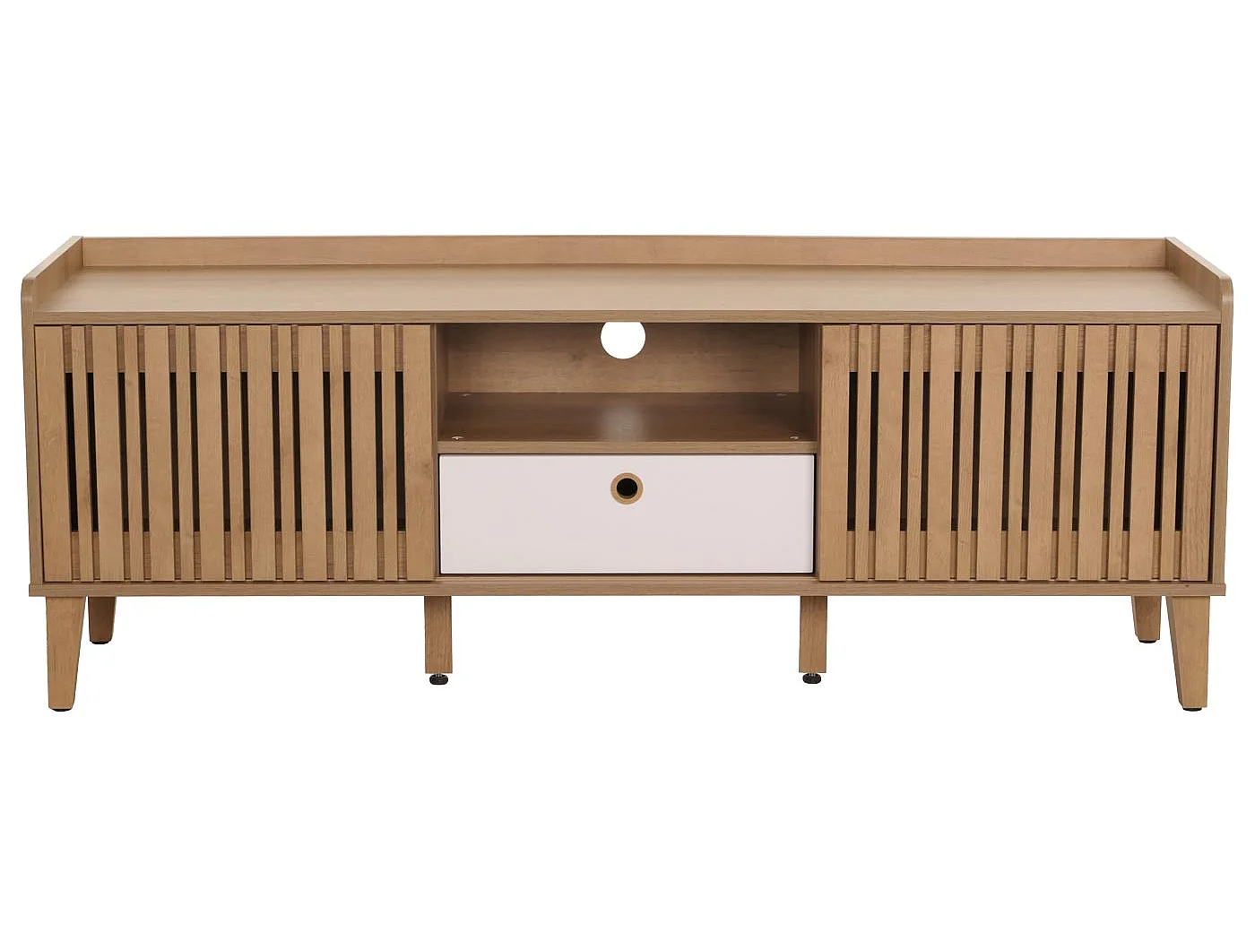 Porta TV MCW-M48, mobile basso, anta scorrevole legno massiccio mango 56x150x40cm ~ naturale, cassetto bianco