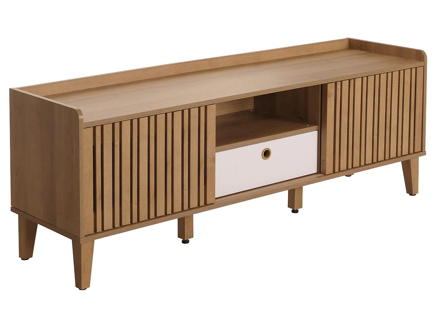 Porta TV MCW-M48, mobile basso, anta scorrevole legno massiccio mango 56x150x40cm ~ naturale, cassetto bianco