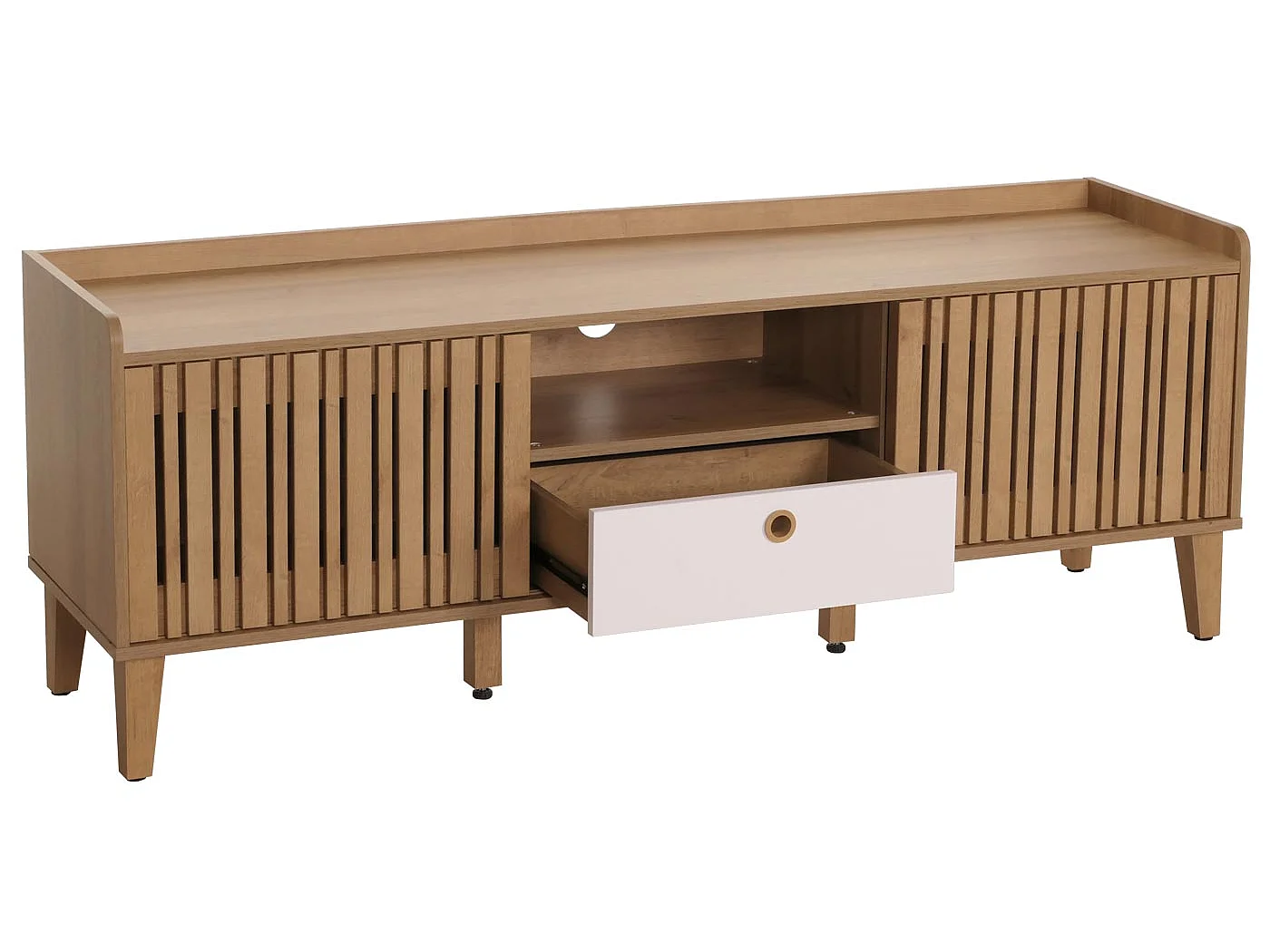 Porta TV MCW-M48, mobile basso, anta scorrevole legno massiccio mango 56x150x40cm ~ naturale, cassetto bianco