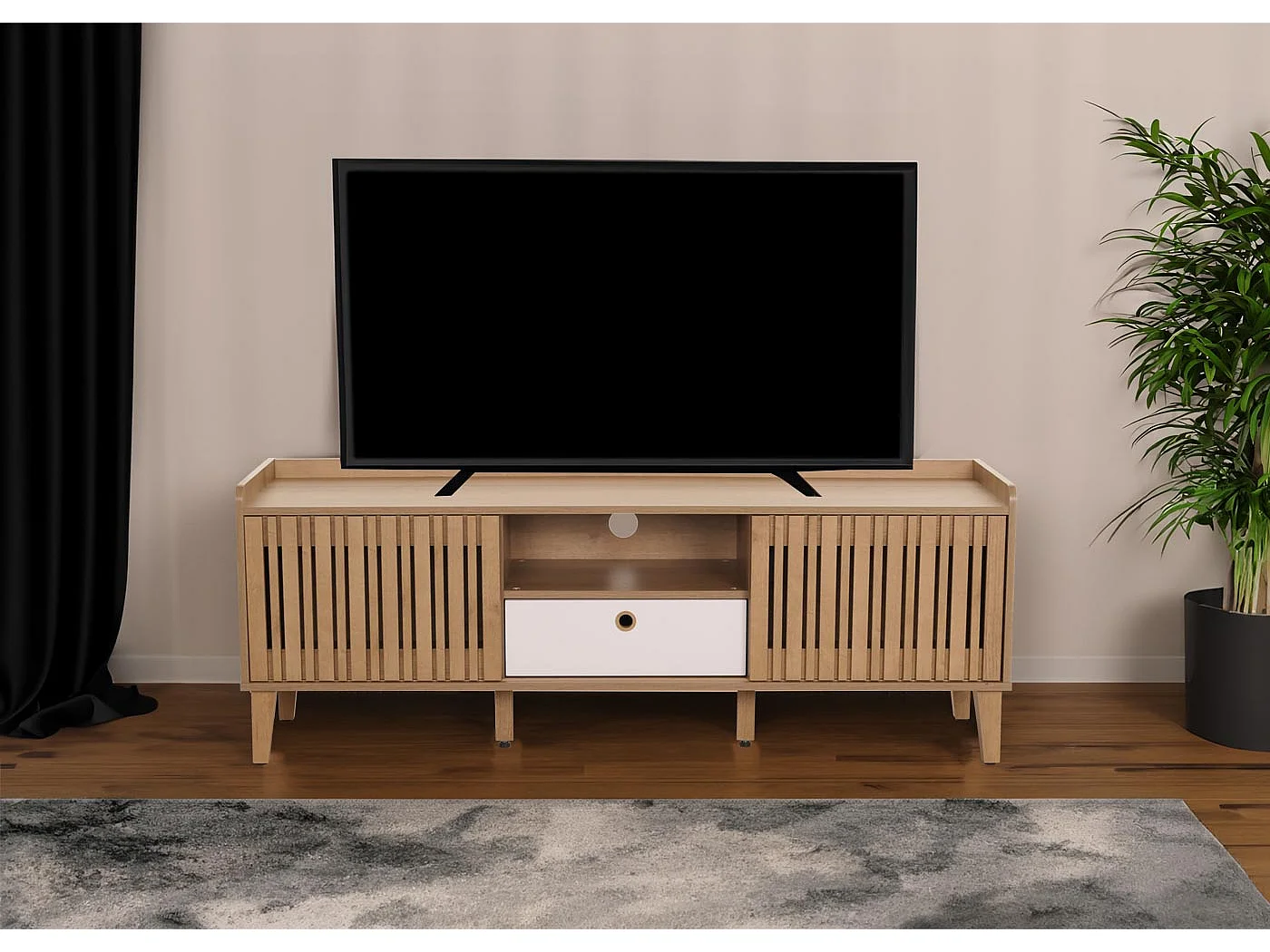 Porta TV MCW-M48, mobile basso, anta scorrevole legno massiccio mango 56x150x40cm ~ naturale, cassetto bianco