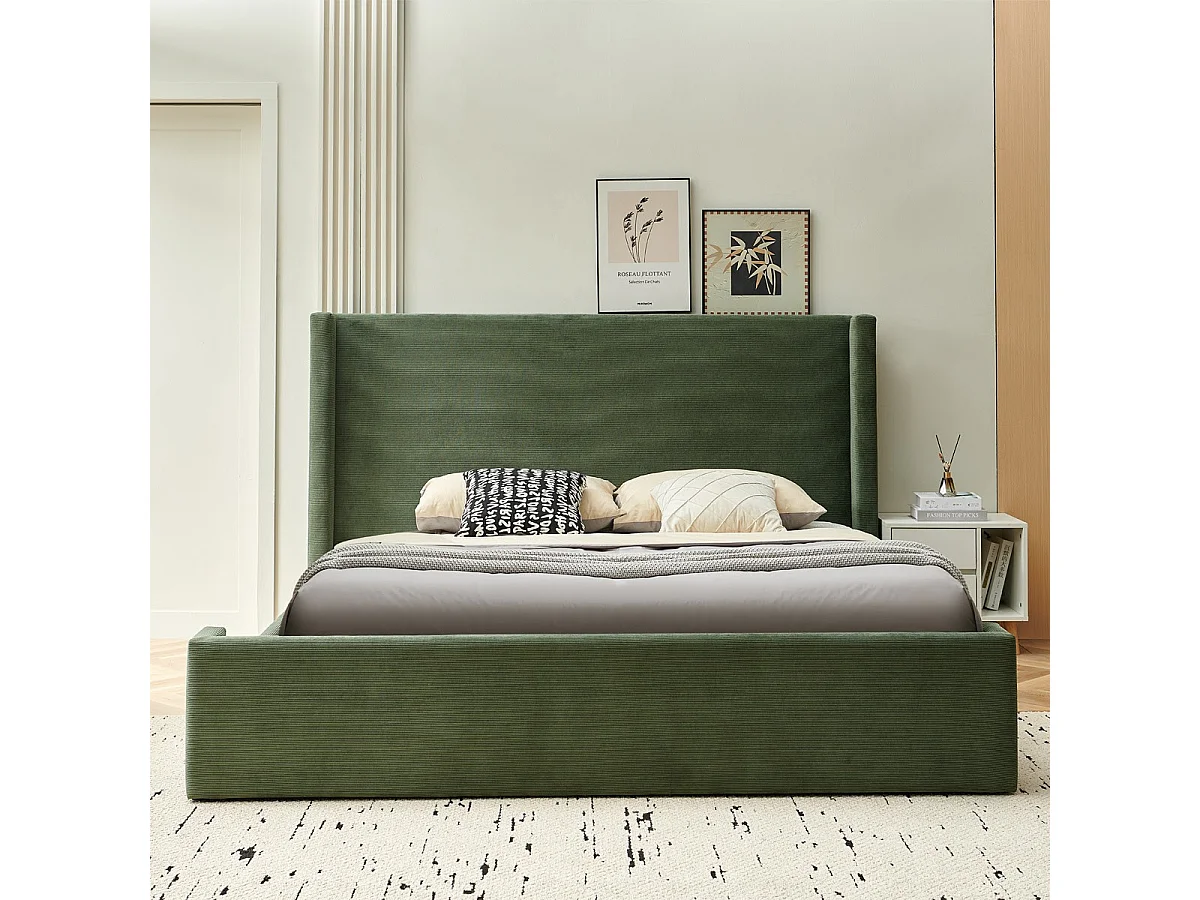 Lit coffre adulte 140x190 cm avec tête de lit capitonnée en velours côtelé vert kaki - Elma