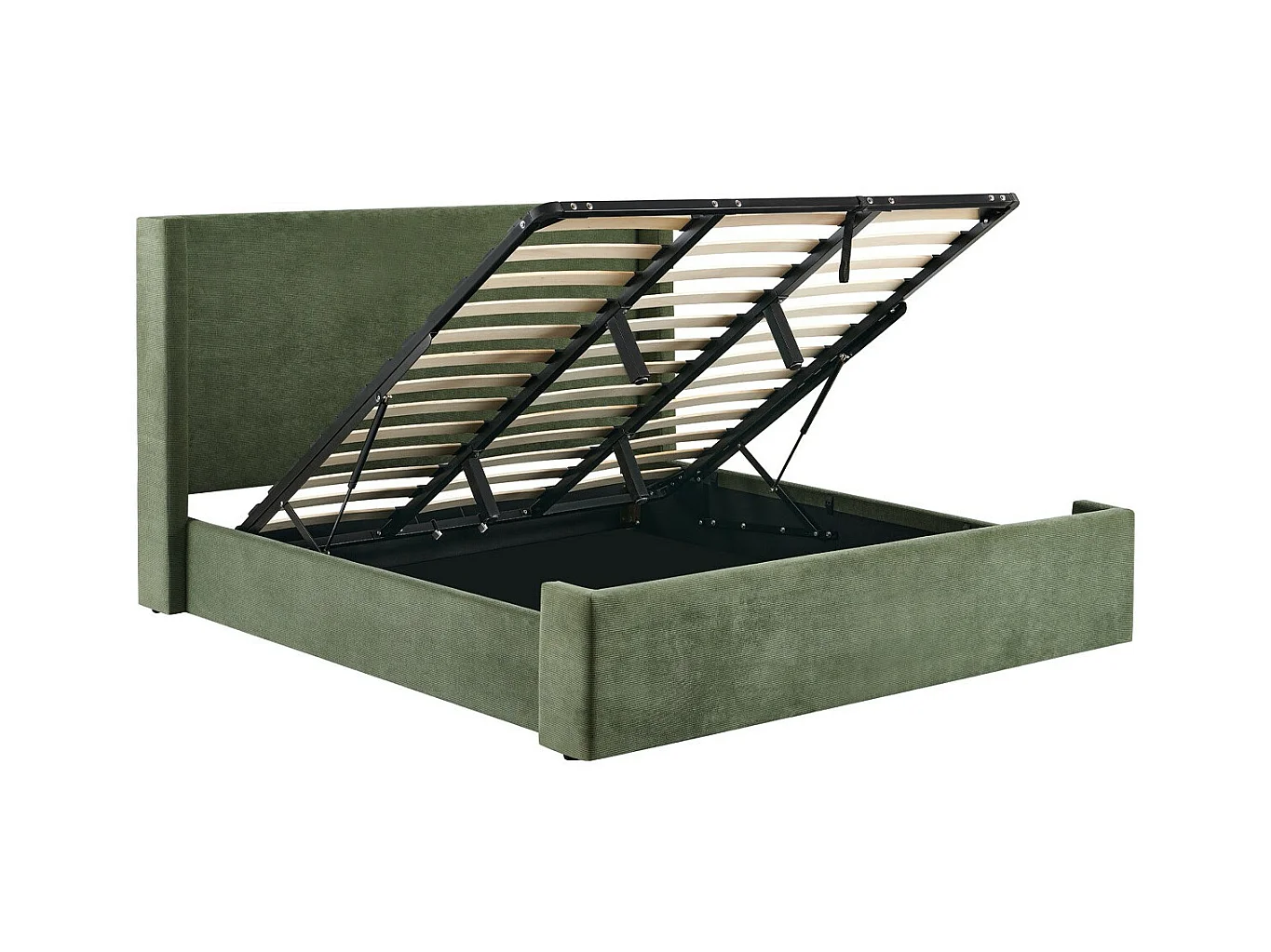 Lit coffre adulte 140x190 cm avec tête de lit capitonnée en velours côtelé vert kaki - Elma