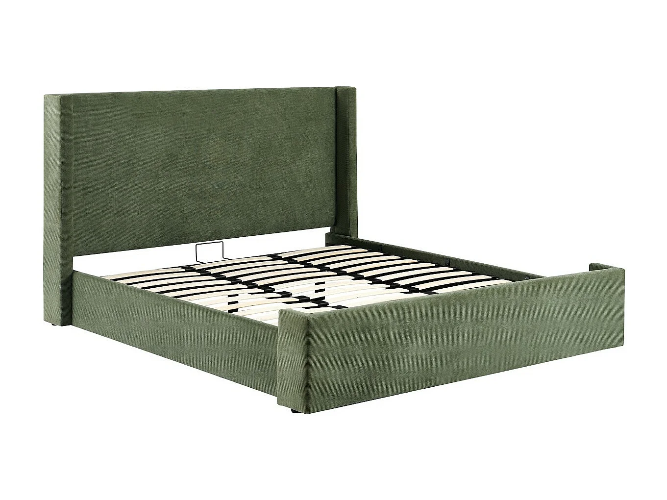 Lit coffre adulte 140x190 cm avec tête de lit capitonnée en velours côtelé vert kaki - Elma