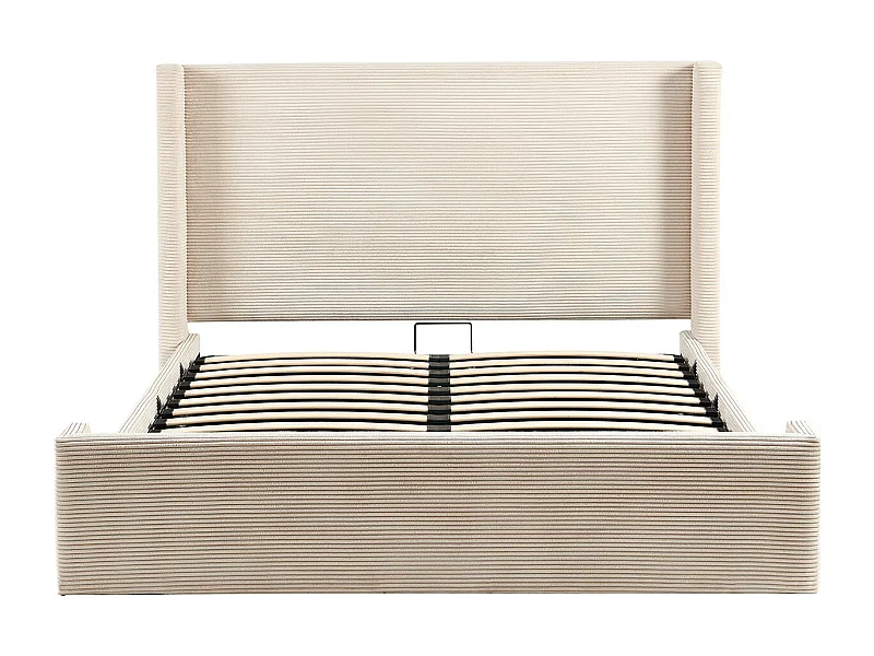 Lit coffre adulte 140x190 cm avec tête de lit capitonnée en velours côtelé beige - Elma