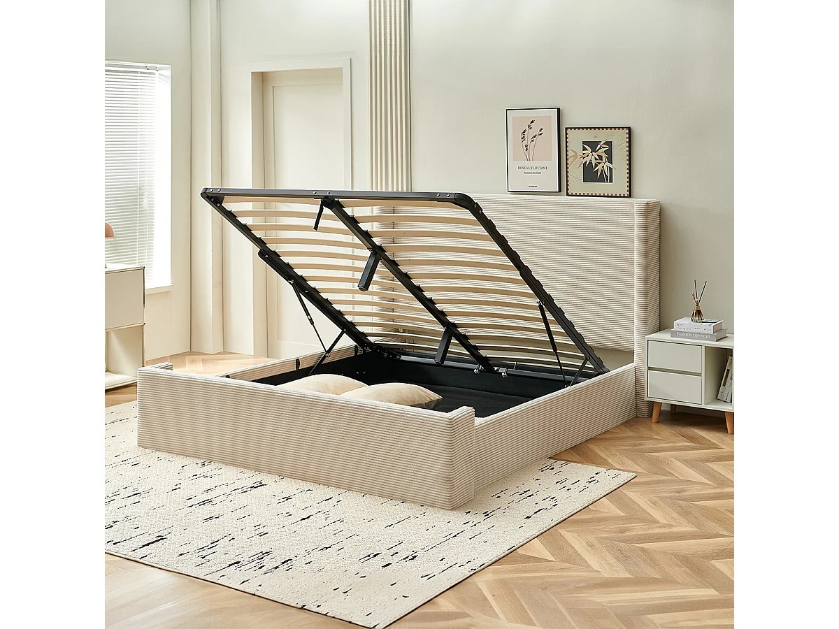 Lit coffre adulte 140x190 cm avec tête de lit capitonnée en velours côtelé beige - Elma