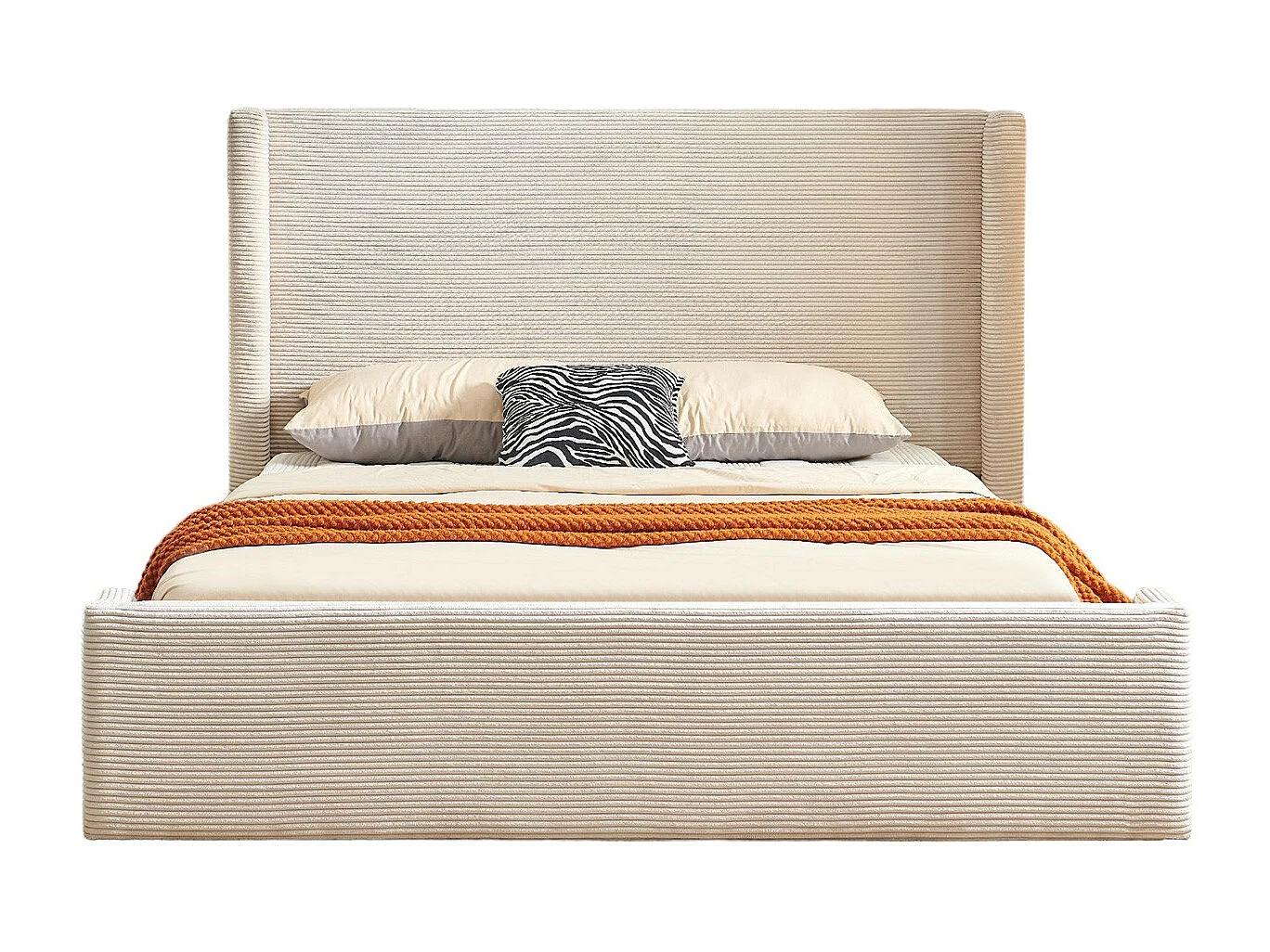 Lit coffre adulte 140x190 cm avec tête de lit capitonnée en velours côtelé beige - Elma