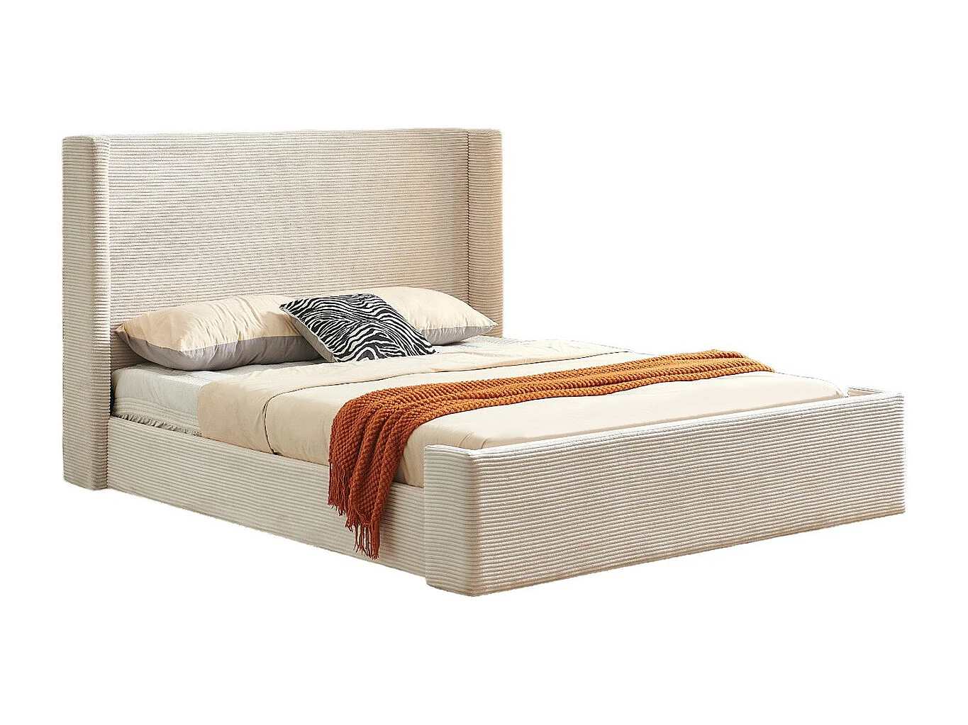 Lit coffre adulte 140x190 cm avec tête de lit capitonnée en velours côtelé beige - Elma