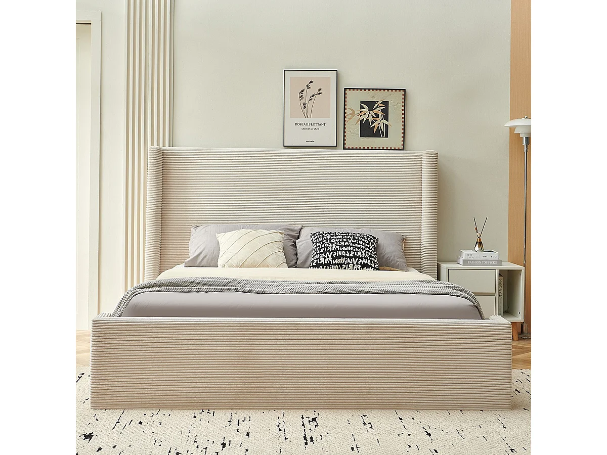 Lit coffre adulte 140x190 cm avec tête de lit capitonnée en velours côtelé beige - Elma