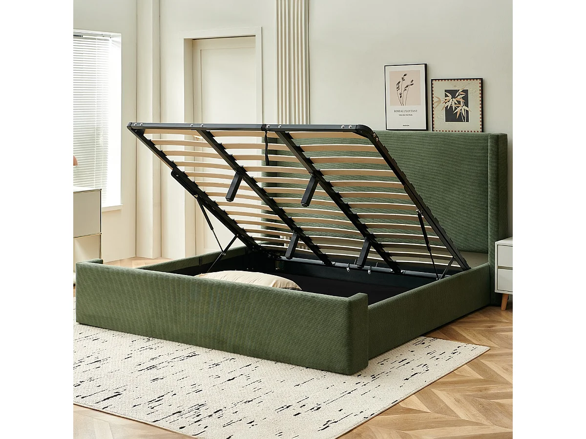 Lit coffre adulte 160x200 cm avec tête de lit capitonnée en velours côtelé vert kaki - Elma