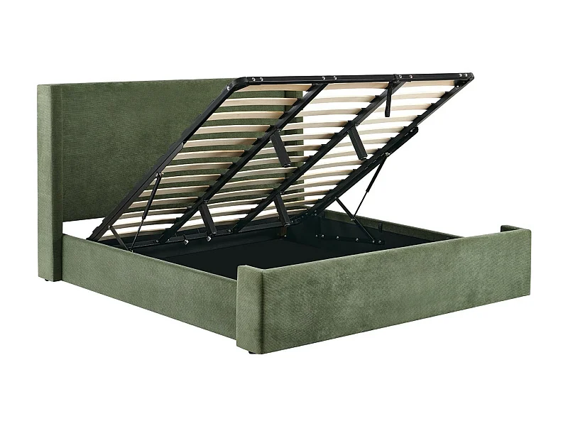 Lit coffre adulte 160x200 cm avec tête de lit capitonnée en velours côtelé vert kaki - Elma