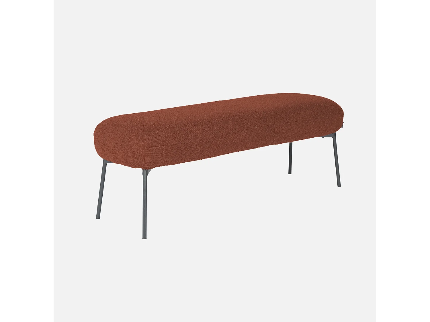 Banc. bout de lit avec revêtement bouclette texturée. rouille. pieds en métal noir. L 120 x P 41 x H 42.5cm