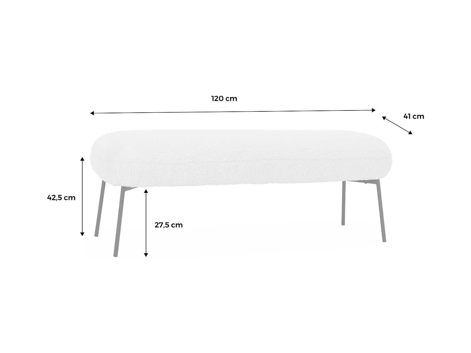 Banc. bout de lit avec revêtement bouclette texturée. rouille. pieds en métal noir. L 120 x P 41 x H 42.5cm