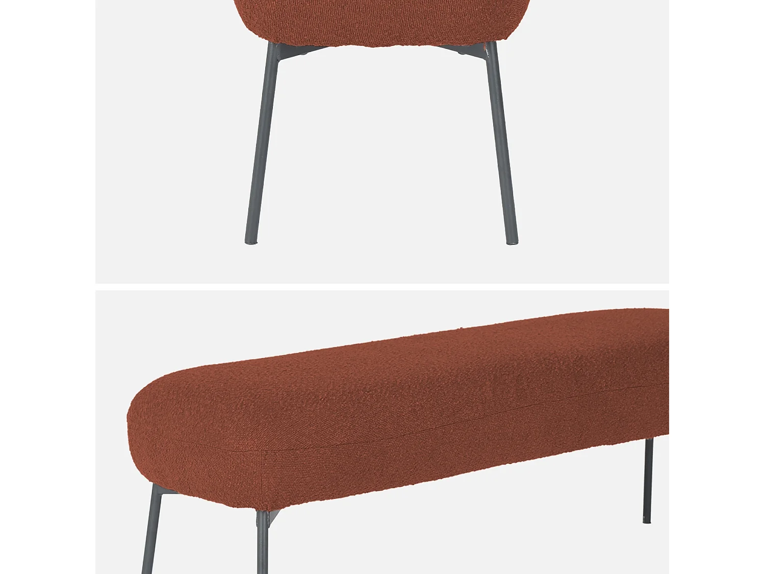 Banc. bout de lit avec revêtement bouclette texturée. rouille. pieds en métal noir. L 120 x P 41 x H 42.5cm