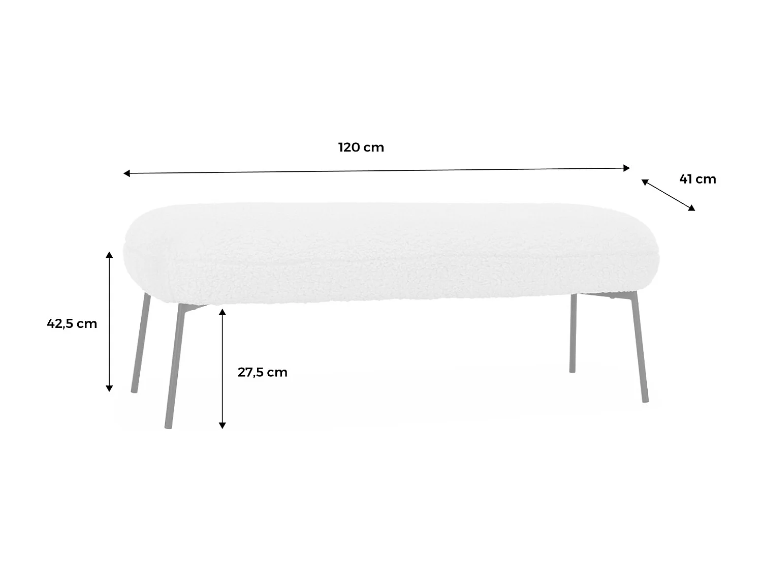 Banc. bout de lit avec revêtement bouclette texturée. beige. pieds en métal noir. L 120 x P 41 x H 42.5cm