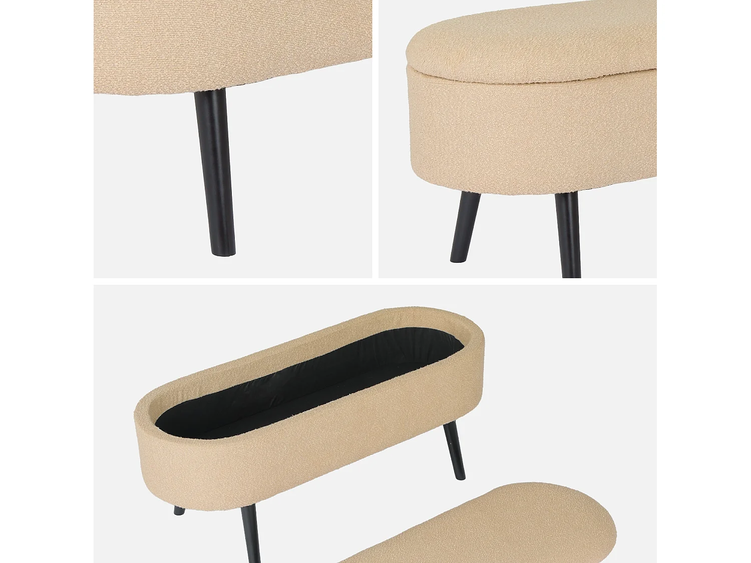 Banc coffre. bout de lit avec revêtement bouclette texturée. beige. pieds en bois noir. L 112 x 44 x 50cm