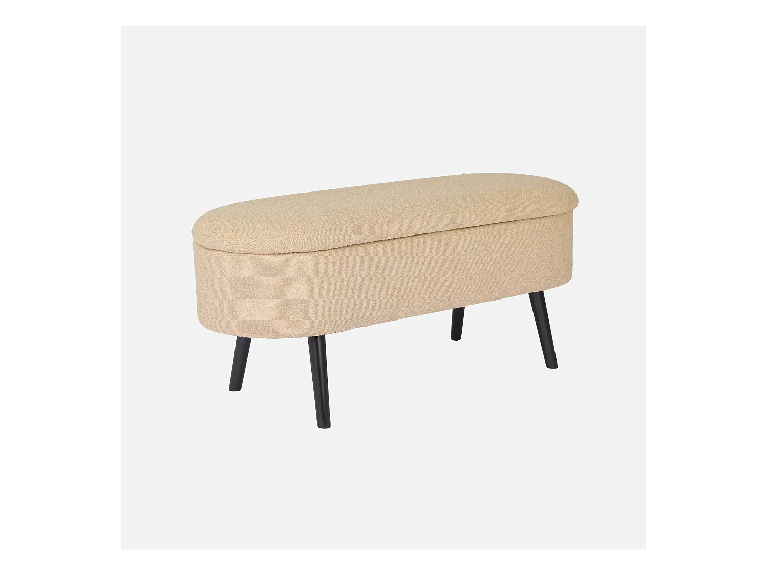 Banc coffre. bout de lit avec revêtement bouclette texturée. beige. pieds en bois noir. L 112 x 44 x 50cm