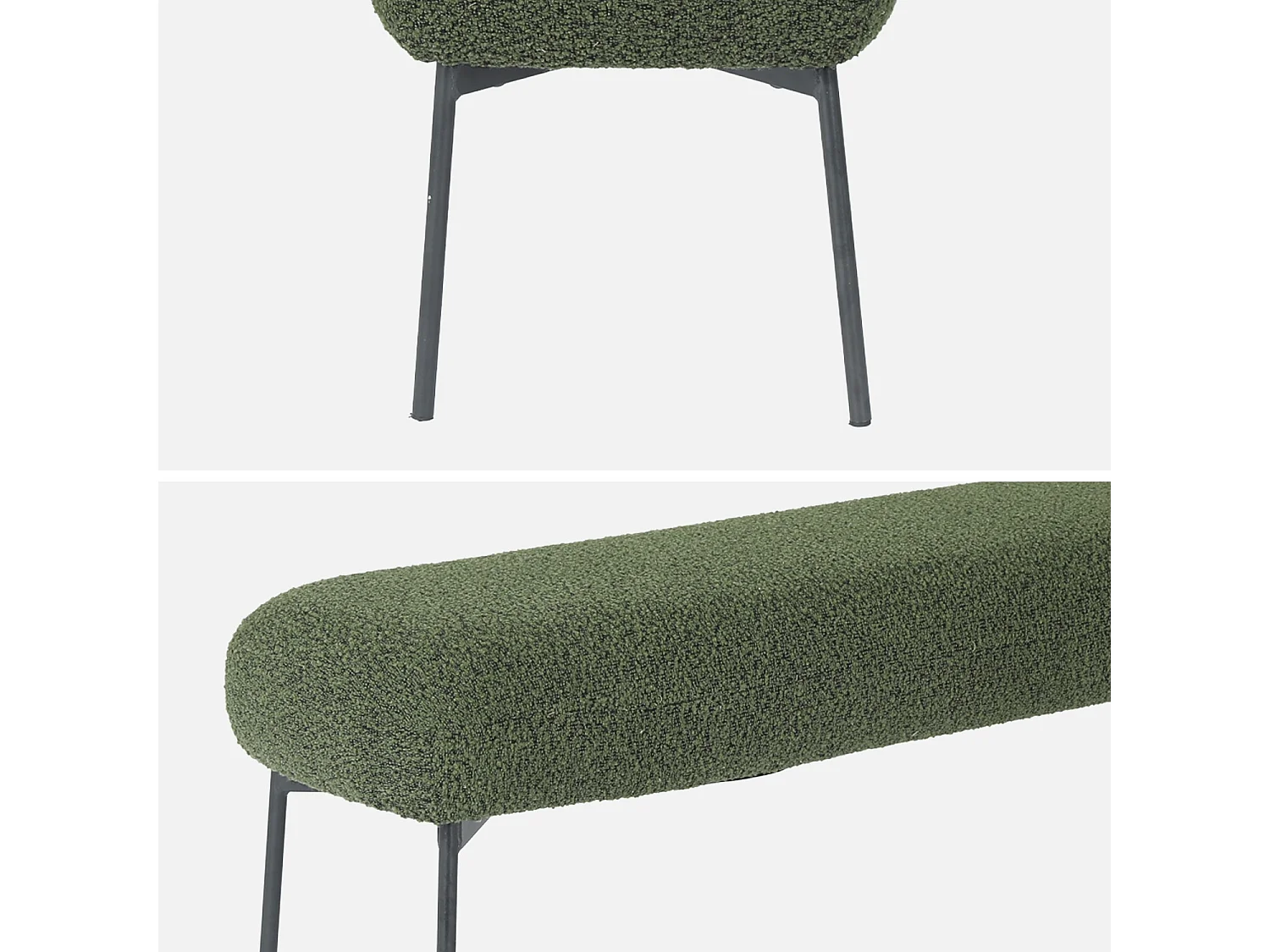 Panca tessuto bouclé e gambe in metallo, verde kaki