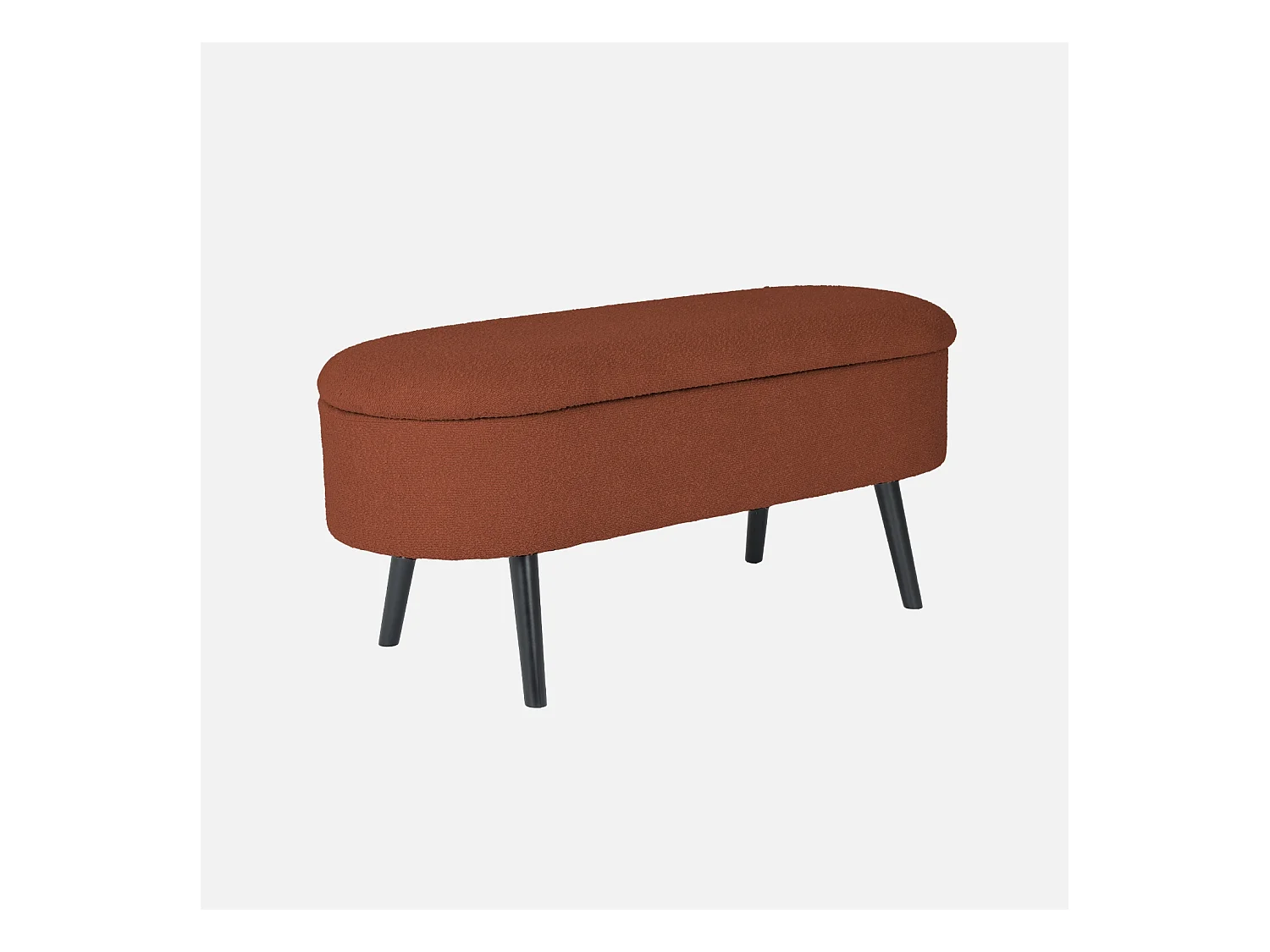 Banc coffre. bout de lit avec revêtement bouclette texturée. rouille. pieds en bois noir. L 112 x 44 x 50cm