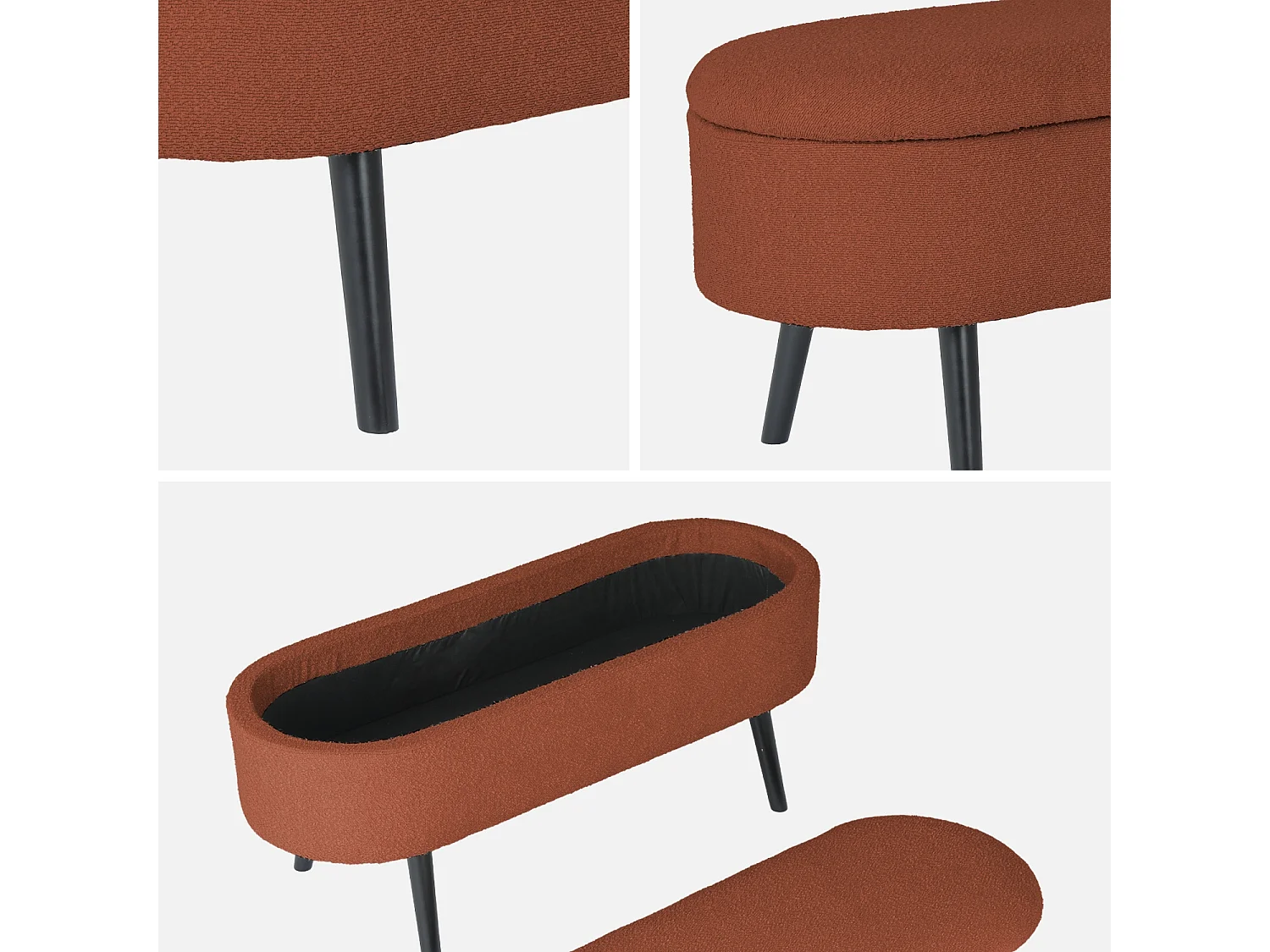 Banc coffre. bout de lit avec revêtement bouclette texturée. rouille. pieds en bois noir. L 112 x 44 x 50cm