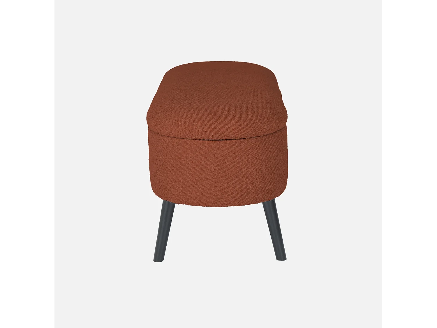 Banc coffre. bout de lit avec revêtement bouclette texturée. rouille. pieds en bois noir. L 112 x 44 x 50cm