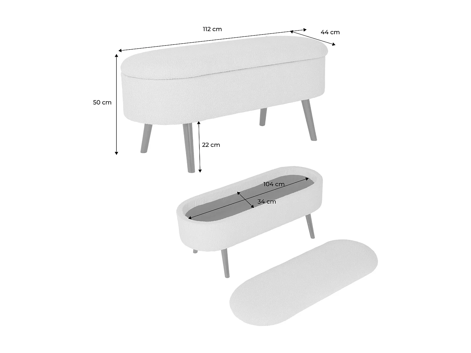 Banc coffre. bout de lit avec revêtement bouclette texturée. kaki. pieds en bois noir. L 112 x 44 x 50cm