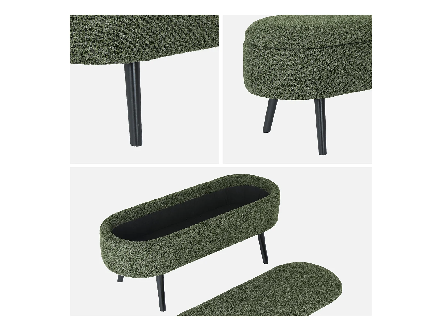 Banc coffre. bout de lit avec revêtement bouclette texturée. kaki. pieds en bois noir. L 112 x 44 x 50cm