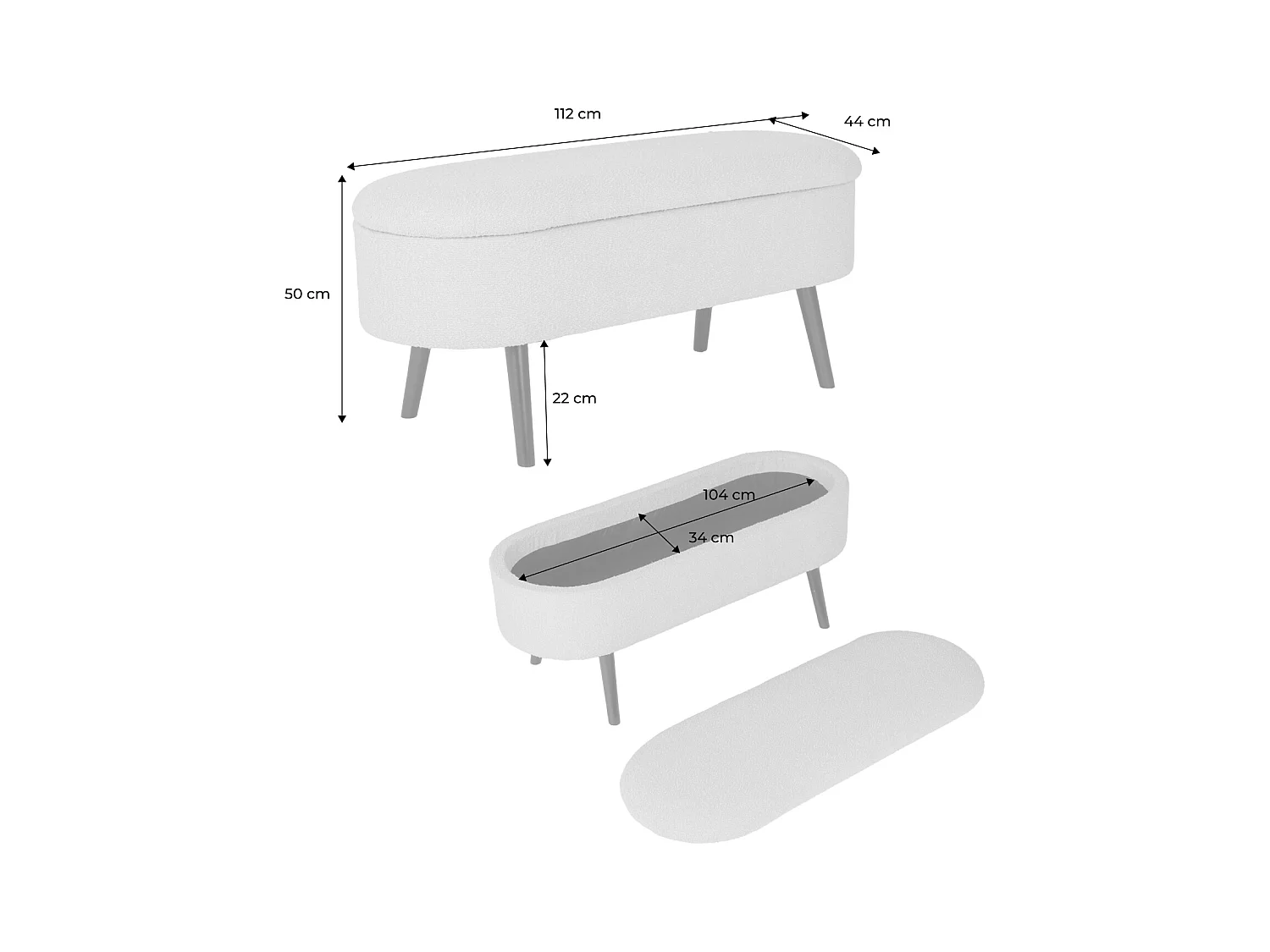 Banc coffre. bout de lit avec revêtement bouclette texturée. kaki. pieds en bois noir. L 112 x 44 x 50cm
