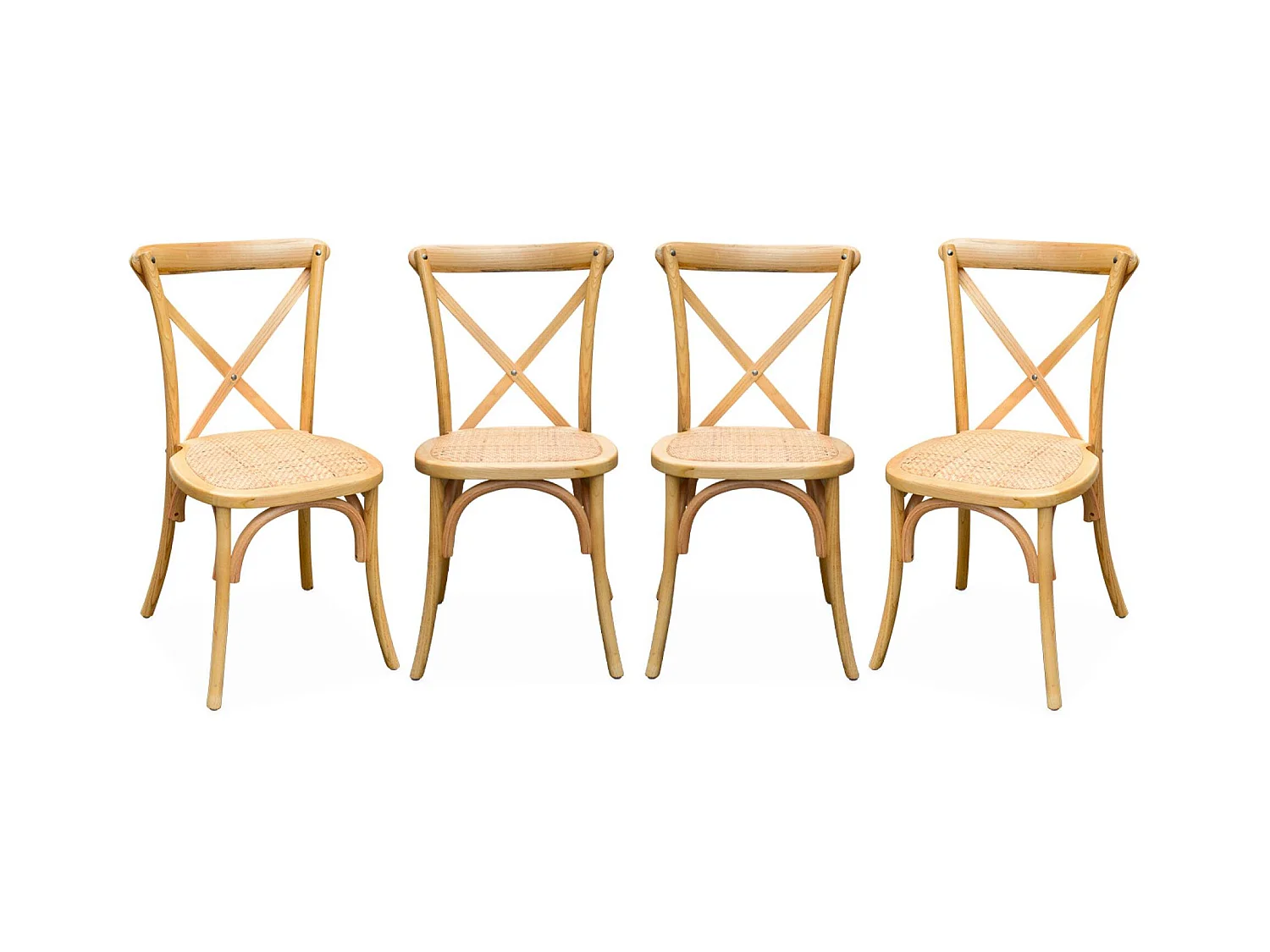 Lot de 4 chaises de bistrot en bois de cédrèle naturel. vintage. assise en rotin. empilables