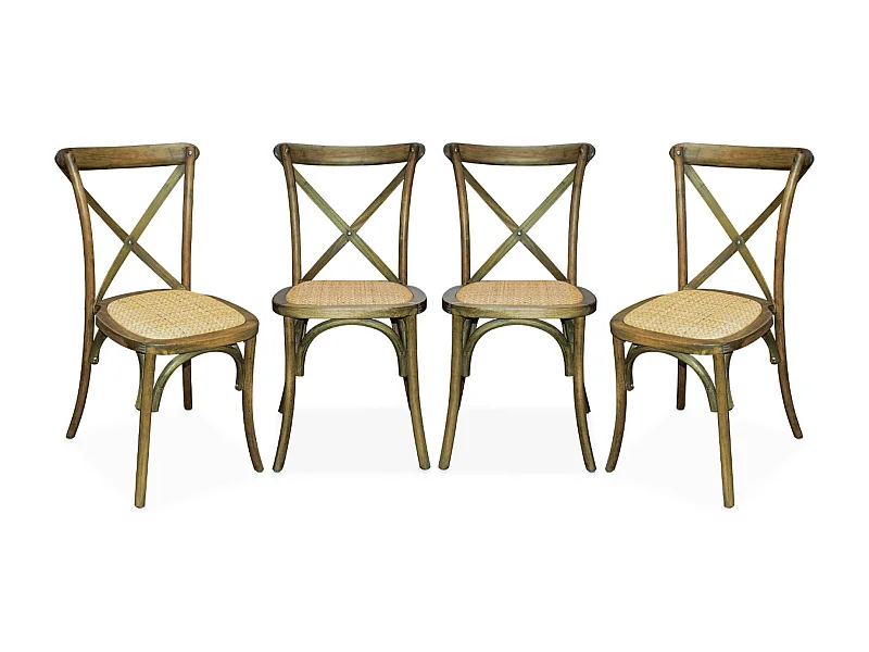 Lot de 4 chaises de bistrot en bois d'hévéa marron vieilli. vintage. assise en rotin. empilables
