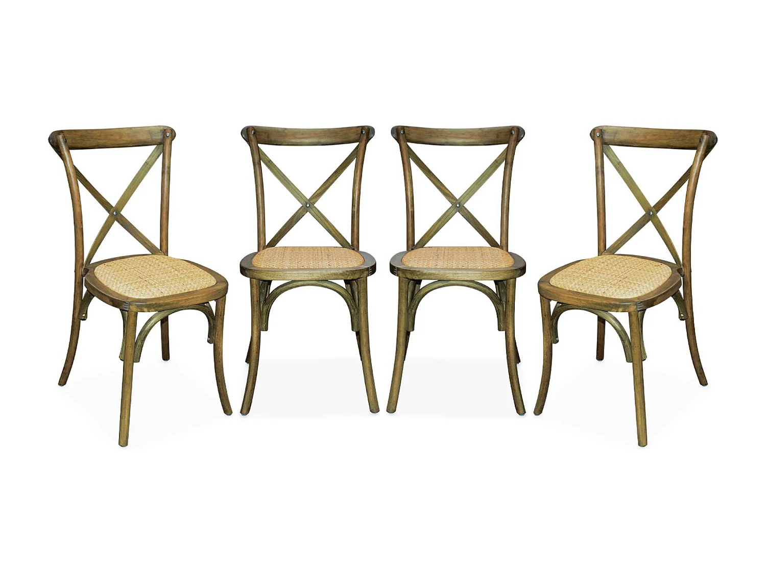 Lot de 4 chaises de bistrot en bois d'hévéa marron vieilli. vintage. assise en rotin. empilables