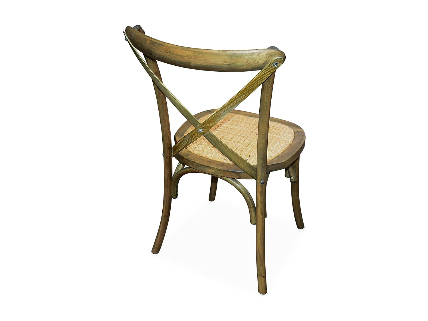 Lot de 4 chaises de bistrot en bois d'hévéa marron vieilli. vintage. assise en rotin. empilables